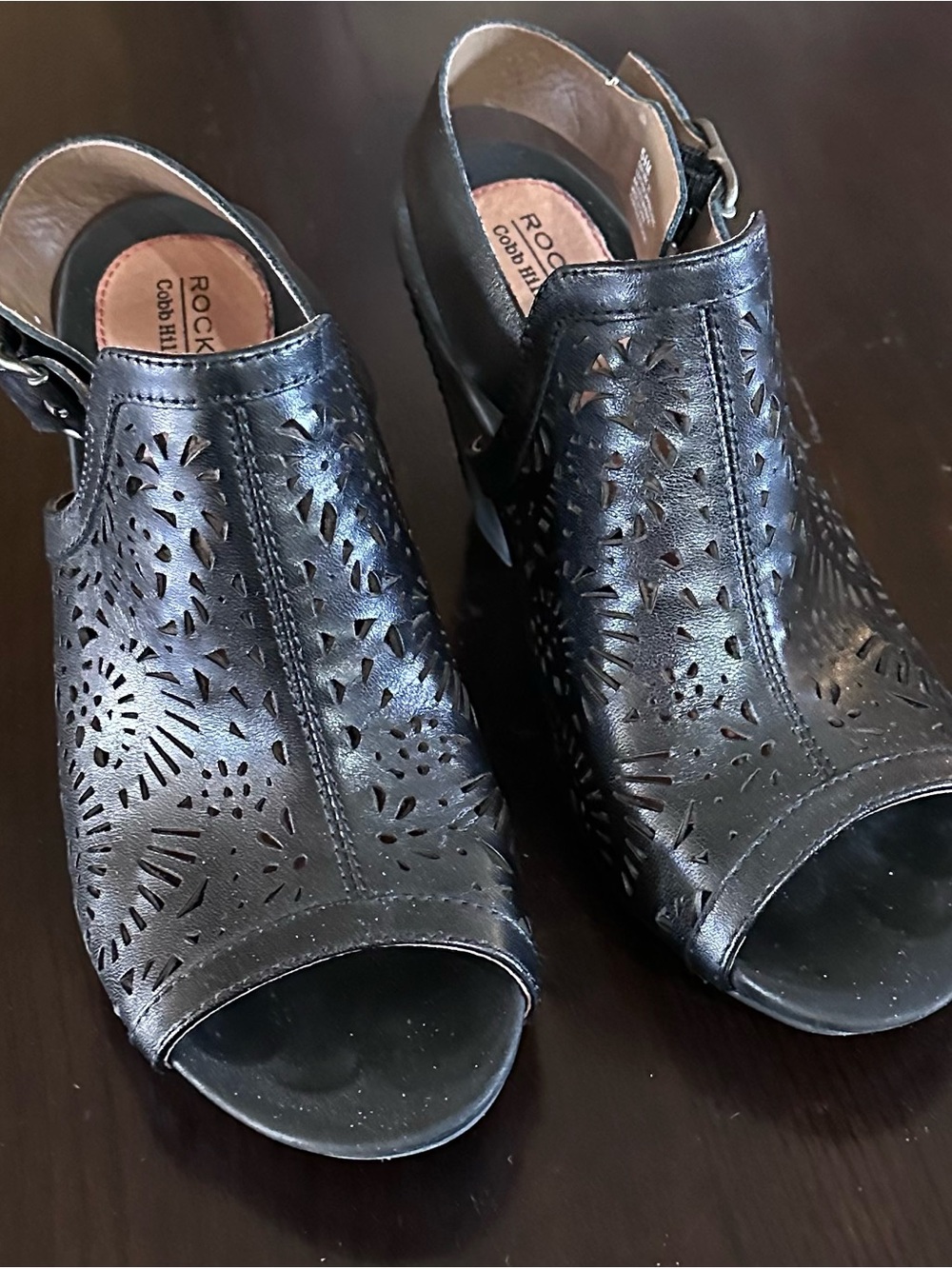 Rockport Black Laser-Cut Open-Toe Slingback Mules